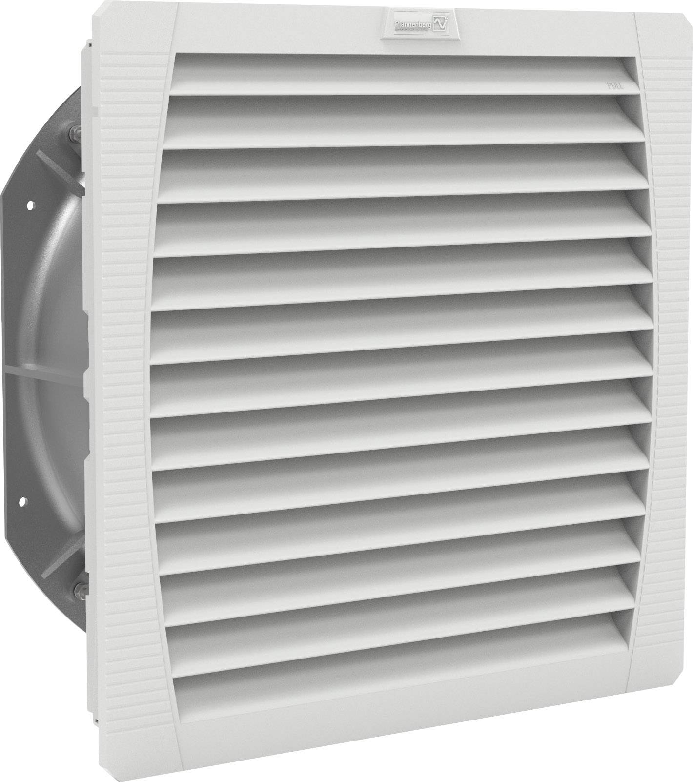 Une grille de ventilation grise avec des lamelles horizontales permettant une aération uniforme. Montée sur un support circulaire.