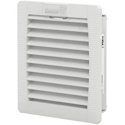 Grille de ventilation blanche en plastique avec lamelles horizontales et logo du fabricant en haut, destinée à la ventilation et au refroidissement des armoires électriques.