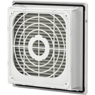 Un ventilateur blanc de forme carrée avec des ailettes de protection en grille, monté sur un mur.