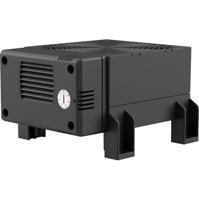 Un appareil électrique noir avec des fentes de ventilation et un instrument de mesure analogique sur la façade, reposant sur des pieds noirs.