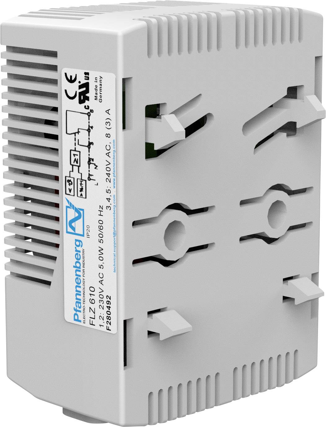 Appareil électronique gris avec des fentes de ventilation. Étiquette avec spécifications techniques : 'Pfannenberg', 'FLZ 610', tension 230V, courant 3A.