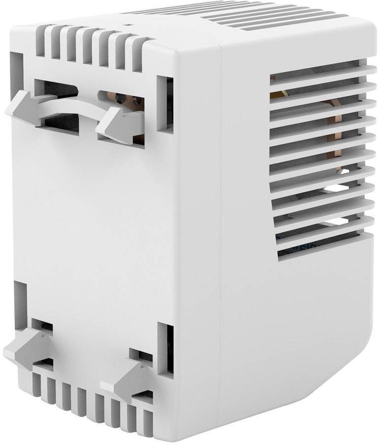 Un boîtier en plastique gris avec des fentes de ventilation et des supports.