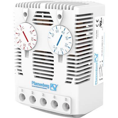 Un régulateur de climat blanc avec des fentes de ventilation, deux affichages de température analogiques et plusieurs connexions électriques.