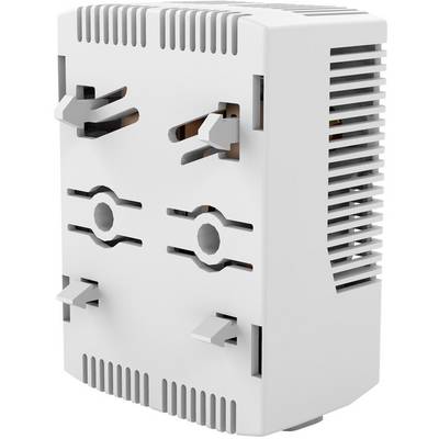 Un boîtier rectangulaire blanc en plastique avec des fentes de ventilation et plusieurs points de fixation à l'avant, probablement destiné à des appareils électroniques.