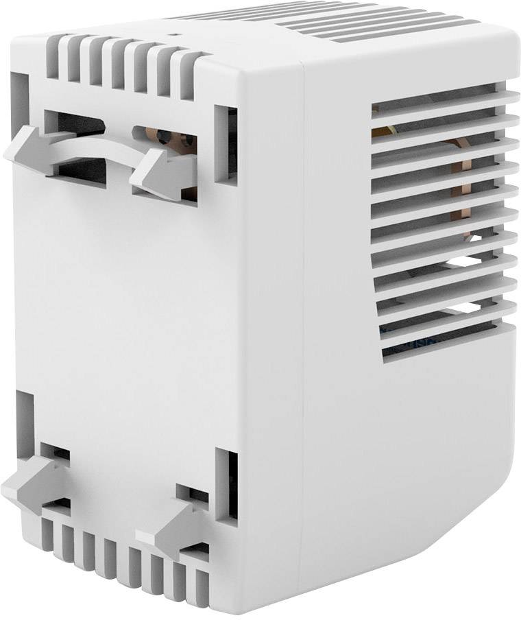 Un dispositif de ventilation rectangulaire gris avec des ailettes latérales et des attaches de fixation murale, utilisé pour la ventilation dans des boîtiers.