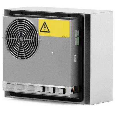Un groupe frigorifique rectangulaire gris avec ventilateur et symbole d'avertissement jaune de tension électrique, monté sur une plaque métallique.