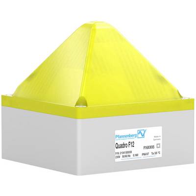 Dispositif d'alarme jaune, pyramidal, avec boîtier blanc, étiquette indiquant 'Quadro F12', 20W, IP66/67. Fabriqué en Allemagne.
