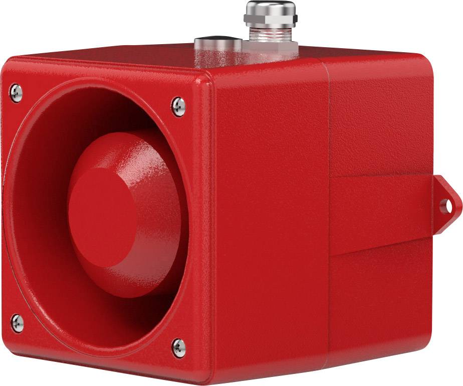 Dispositif d'alarme rouge avec haut-parleur et connexion par câble en haut, design typique pour montage mural dans des environnements sensibles à la sécurité.