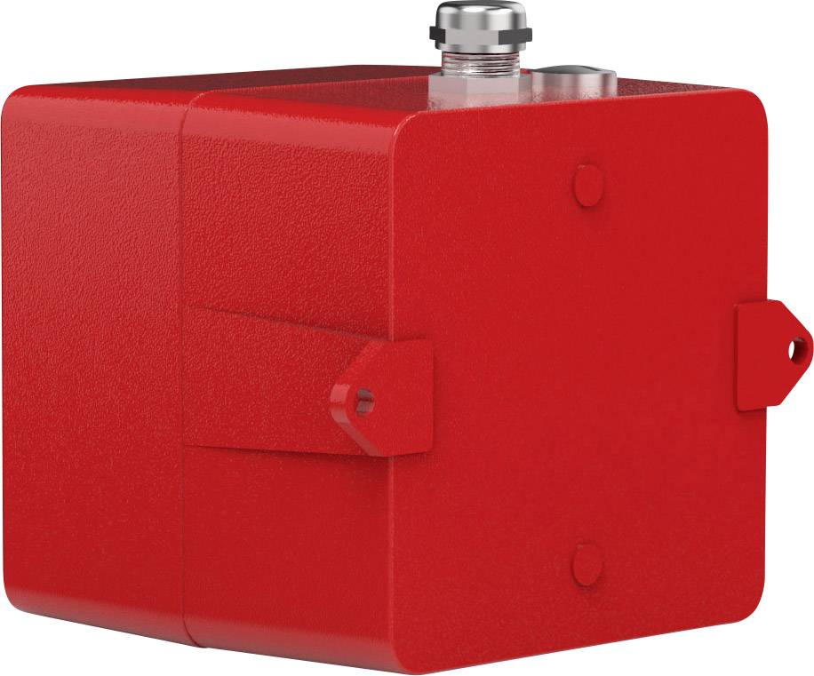Boîte métallique rouge avec deux pattes de fixation et un raccordement supérieur, probablement destinée à des usages électroniques ou mécaniques.