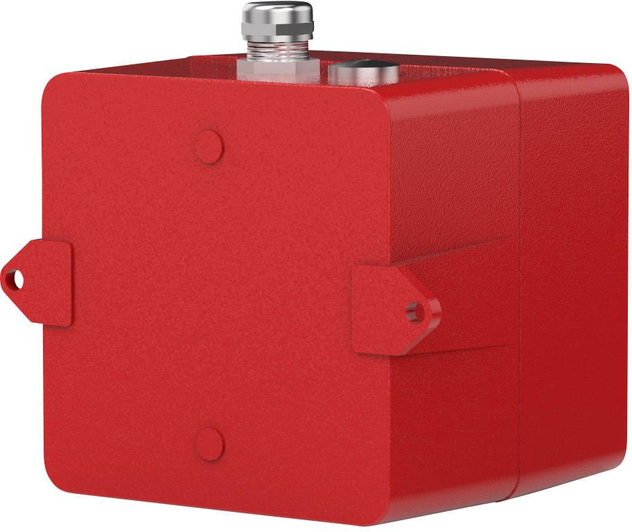 Boîte métallique rouge de forme carrée avec des vis et des connexions en haut.