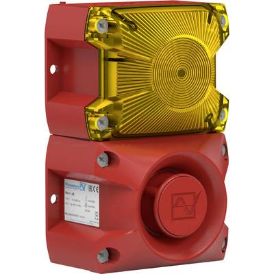 Installation d'alarme de sécurité rouge avec lentille lumineuse jaune, destinée à des applications de sécurité. Contient des spécifications électriques sur une étiquette.