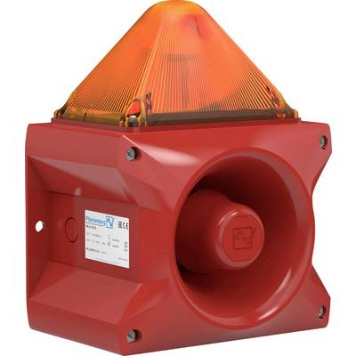Appareil d'alarme rouge avec voyant de signalisation orange sur le dessus, haut-parleur intégré et étiquette du fabricant.