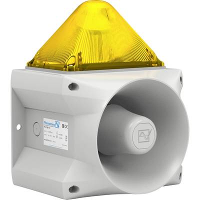 Haut-parleur gris avec lampe jaune sur un boîtier blanc, servant à la signalisation visuelle et acoustique.