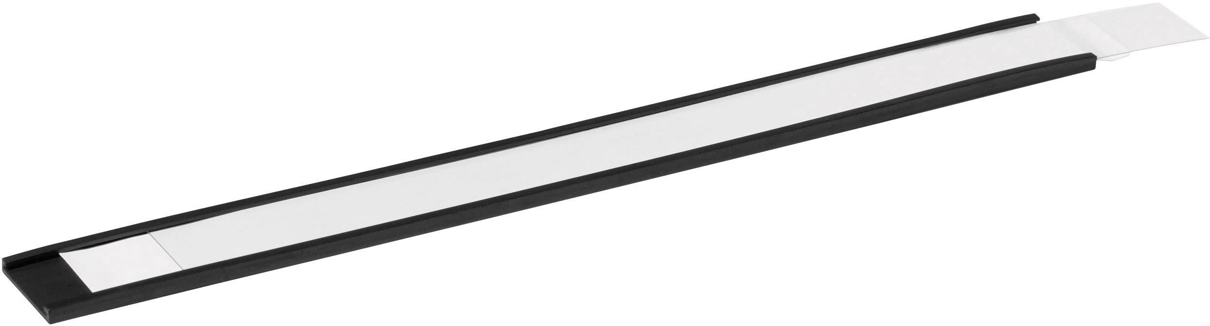 Une bande allongée en plastique noir et blanc, probablement une partie d'un produit ou d'un dispositif technique.