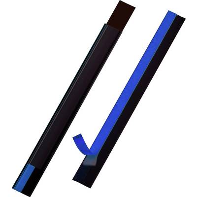 Deux objets rectangulaires bleu foncé de longueurs différentes avec une partie coudée ; minimalistes et modernes.