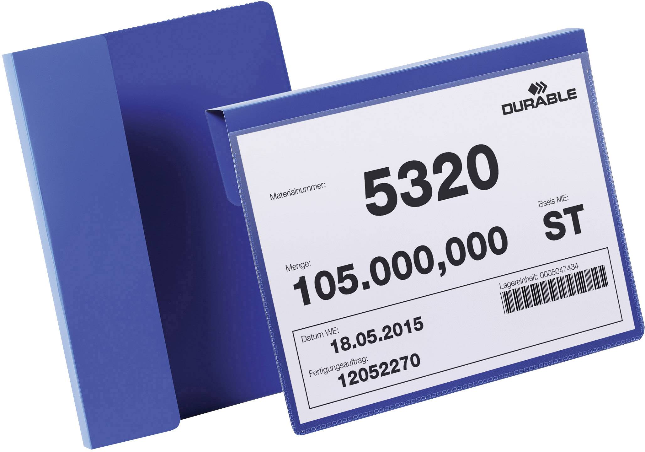 Classeur bleu avec étiquette : '5320, Quantité : 105 000 000 pièces, Date : 18.05.2015, Ordre de fabrication : 12052270'.
