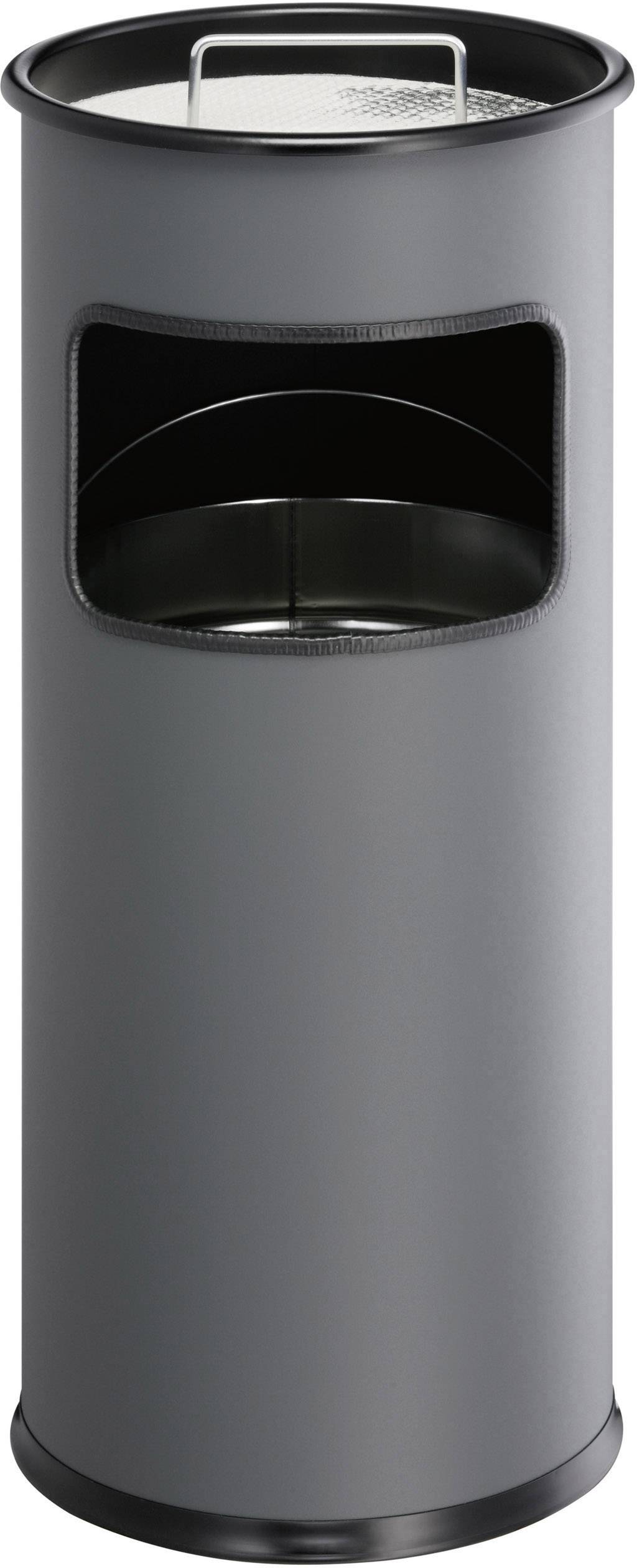 Poubelle cylindrique grise avec ouverture rectangulaire et cendrier intégré sur le dessus.