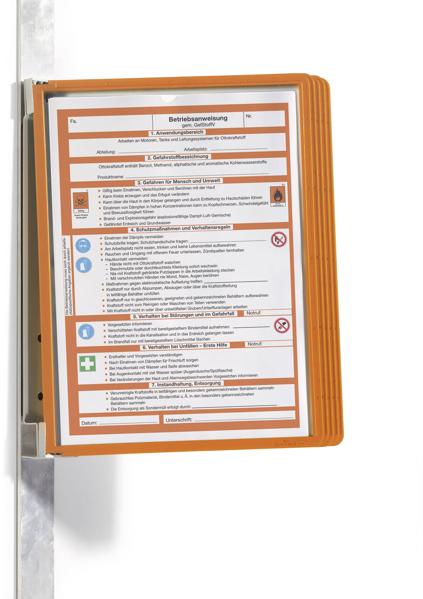 Consigne de service encadrée en orange fixée au mur, comportant des instructions de sécurité et des pictogrammes pour l'utilisation sûre des appareils.
