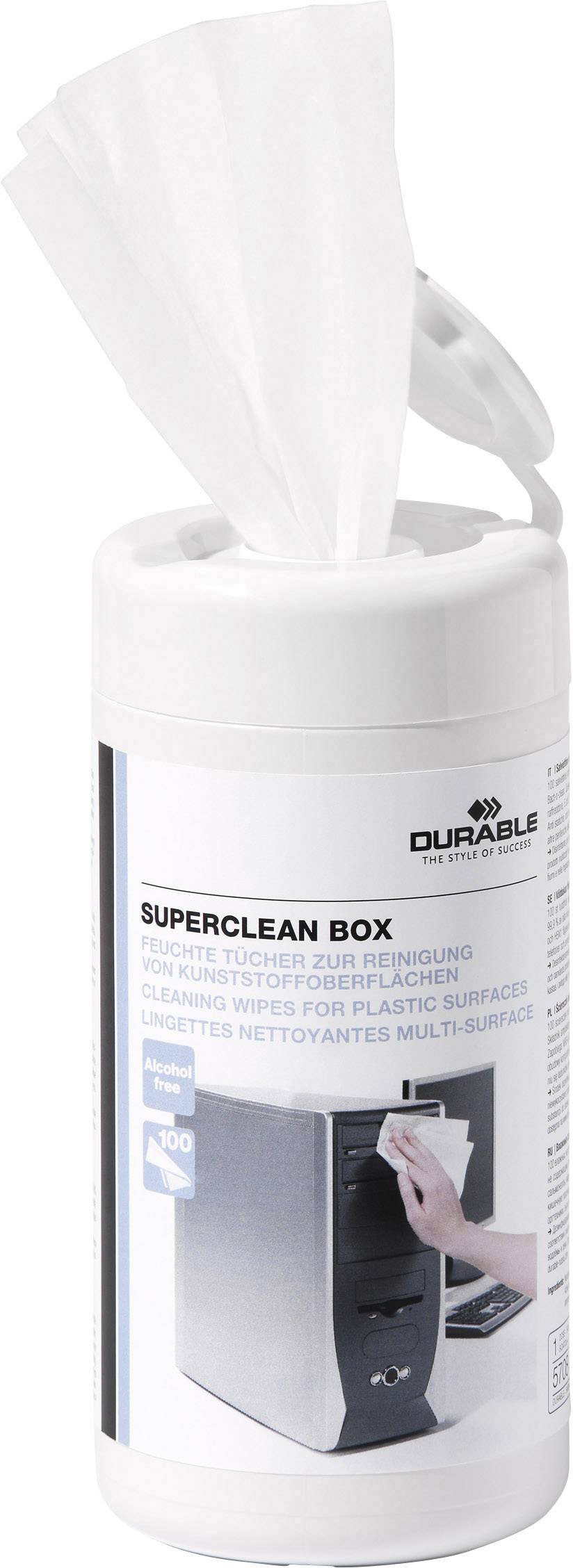 Boîte en plastique contenant des lingettes de nettoyage pour surfaces en plastique. Nom du produit : 'SUPERCLEAN BOX'.
