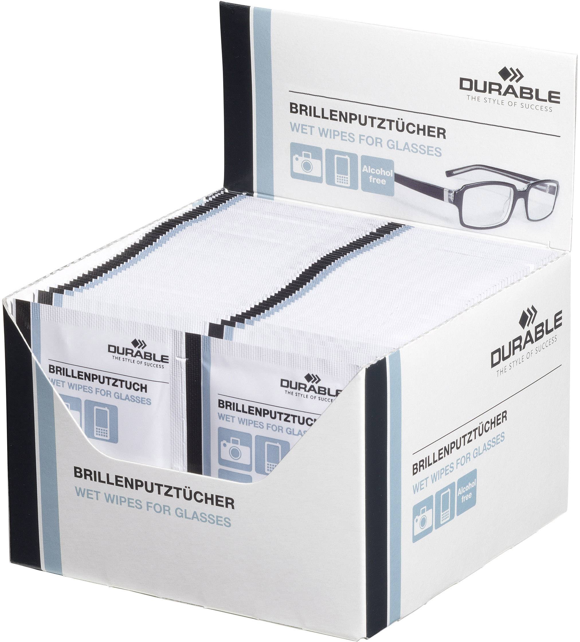 Une boîte de lingettes individuellement emballées pour nettoyer les lunettes, sans alcool. L'inscription indique 'Brillenputztücher' et 'Wet Wipes for Glasses'.