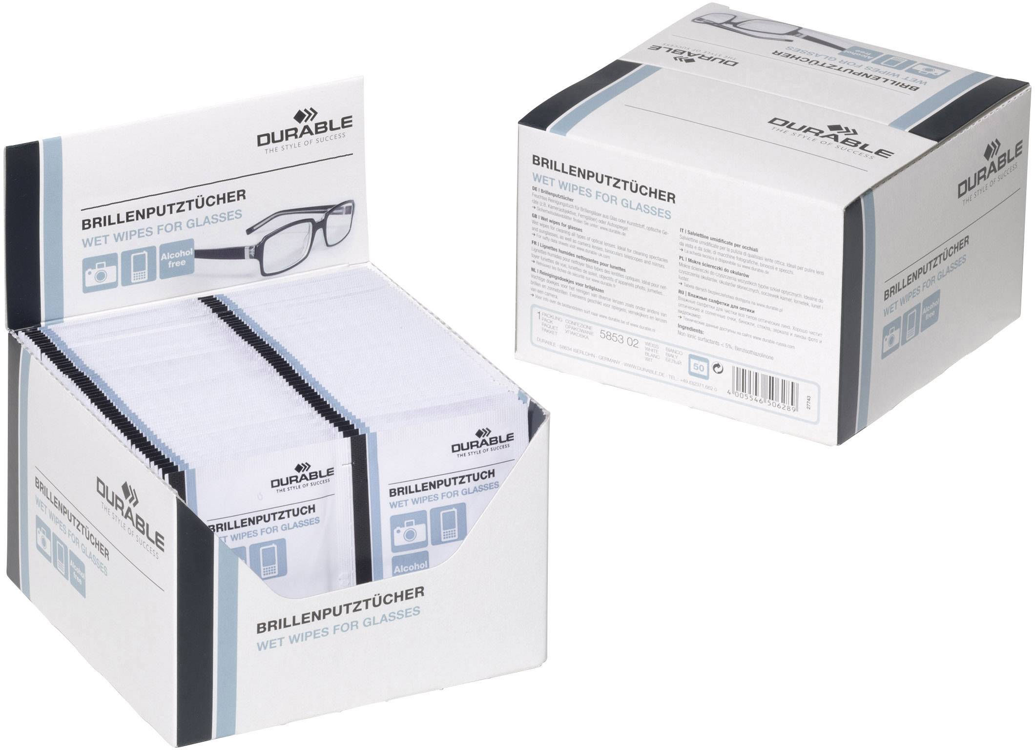 Deux boîtes de lingettes de nettoyage pour lunettes de la marque Durable, adaptées au nettoyage des verres, avec des instructions d'emballage en allemand.