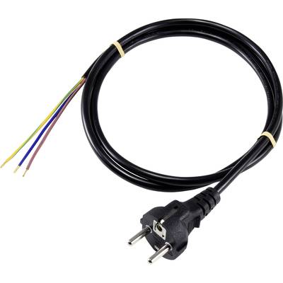 Un câble électrique noir avec une prise à une extrémité et quatre fils nus dans les couleurs jaune, bleu, rouge et marron à l'autre extrémité.