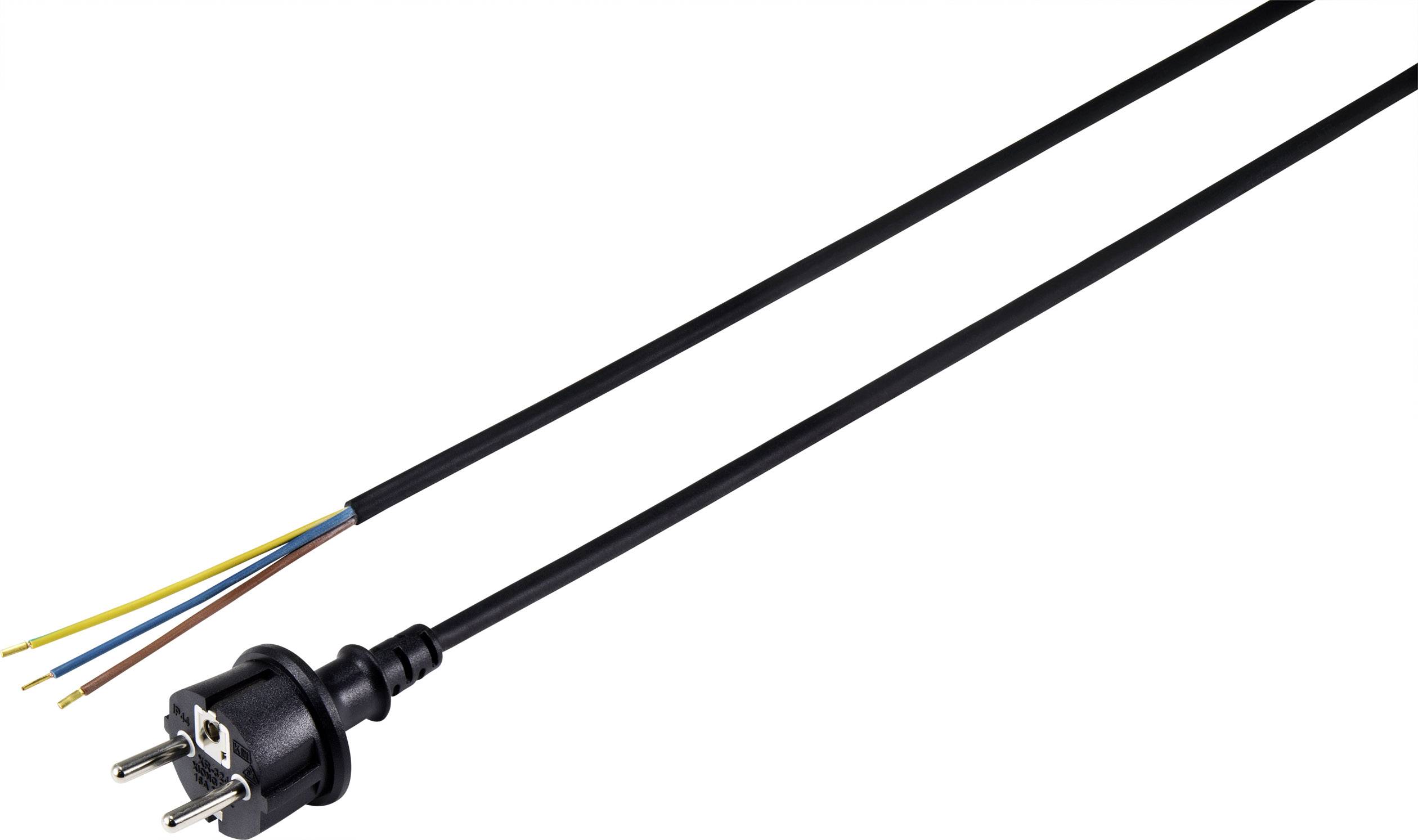 Un câble électrique noir avec une fiche à une extrémité et trois fils dénudés (jaune-vert, bleu, marron) à l'autre extrémité.