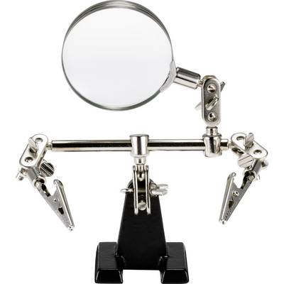 Support de loupe avec pinces réglables double position sur socle noir, adapté aux travaux de précision et aux projets de soudure.