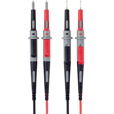 Deux sondes de multimètre noires et deux rouges côte à côte. Elles ont toutes des poignées grises et sont adaptées aux mesures électriques.