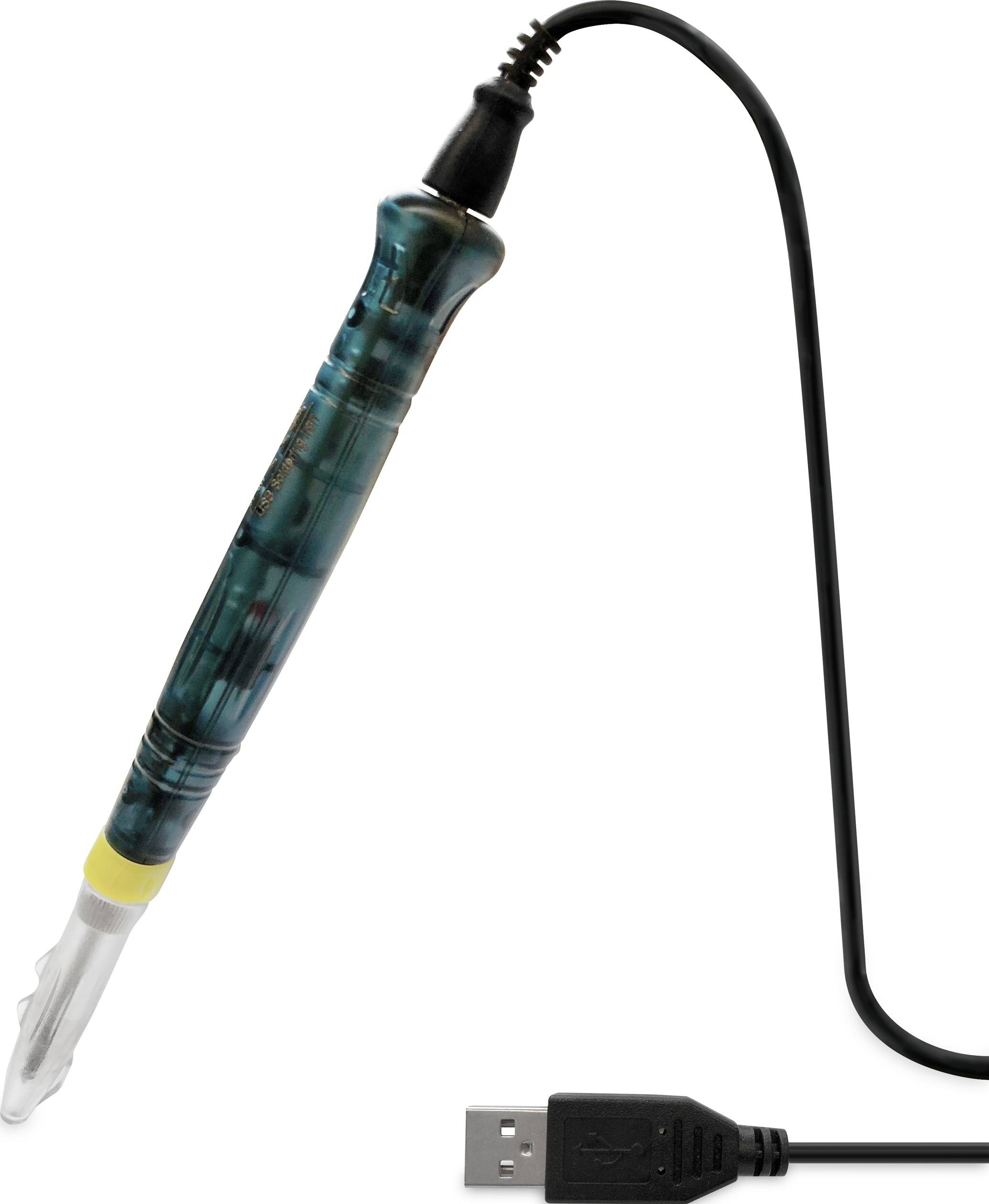 Un fer à souder avec port USB et câble noir. La poignée est bleu transparent.