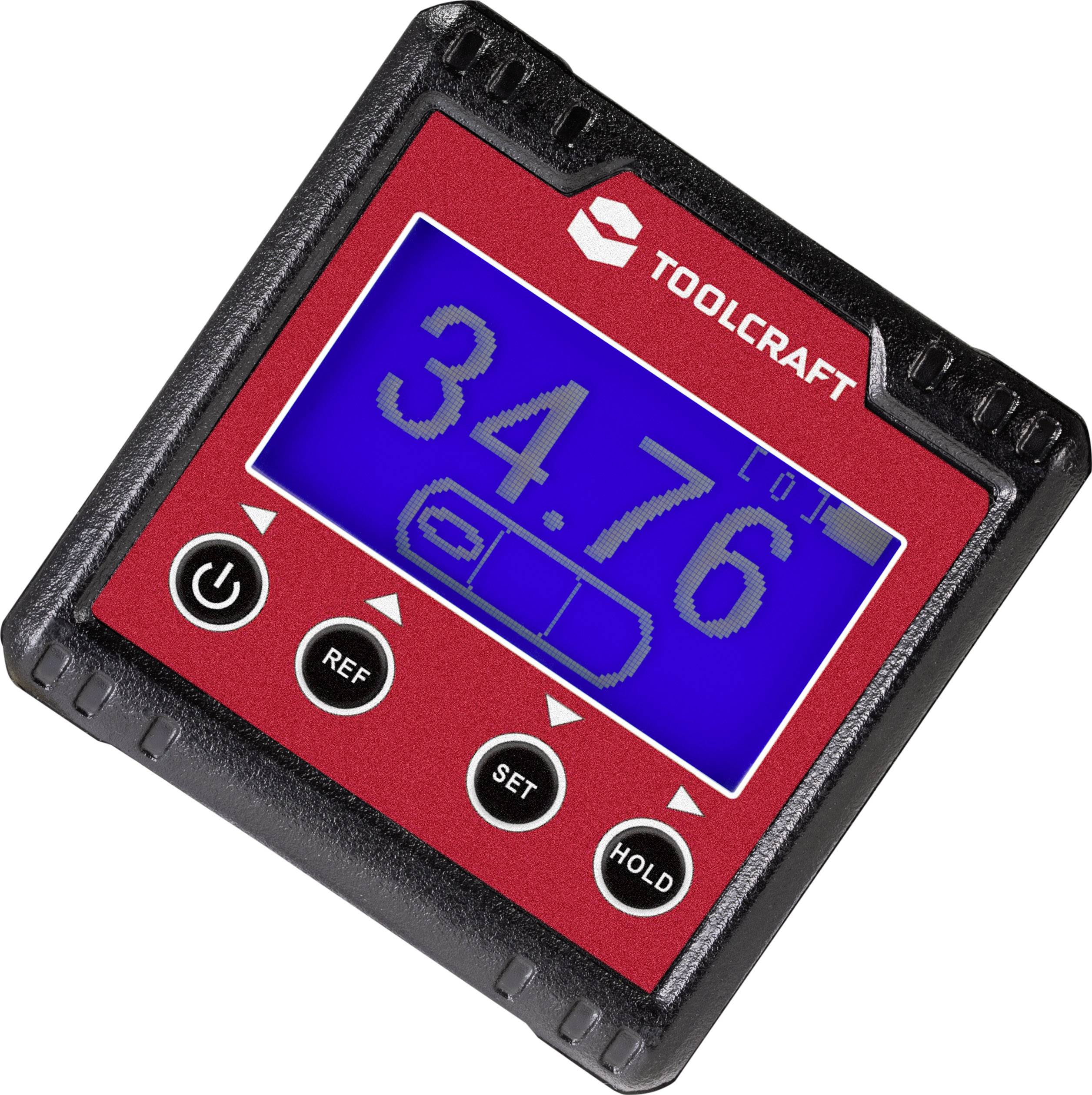 Toolcraft dispositif numérique d'inclinaison et de mesure d'angle avec affichage bleu indique une inclinaison de 34,76 degrés. Touches pour référence, configuration et maintien.