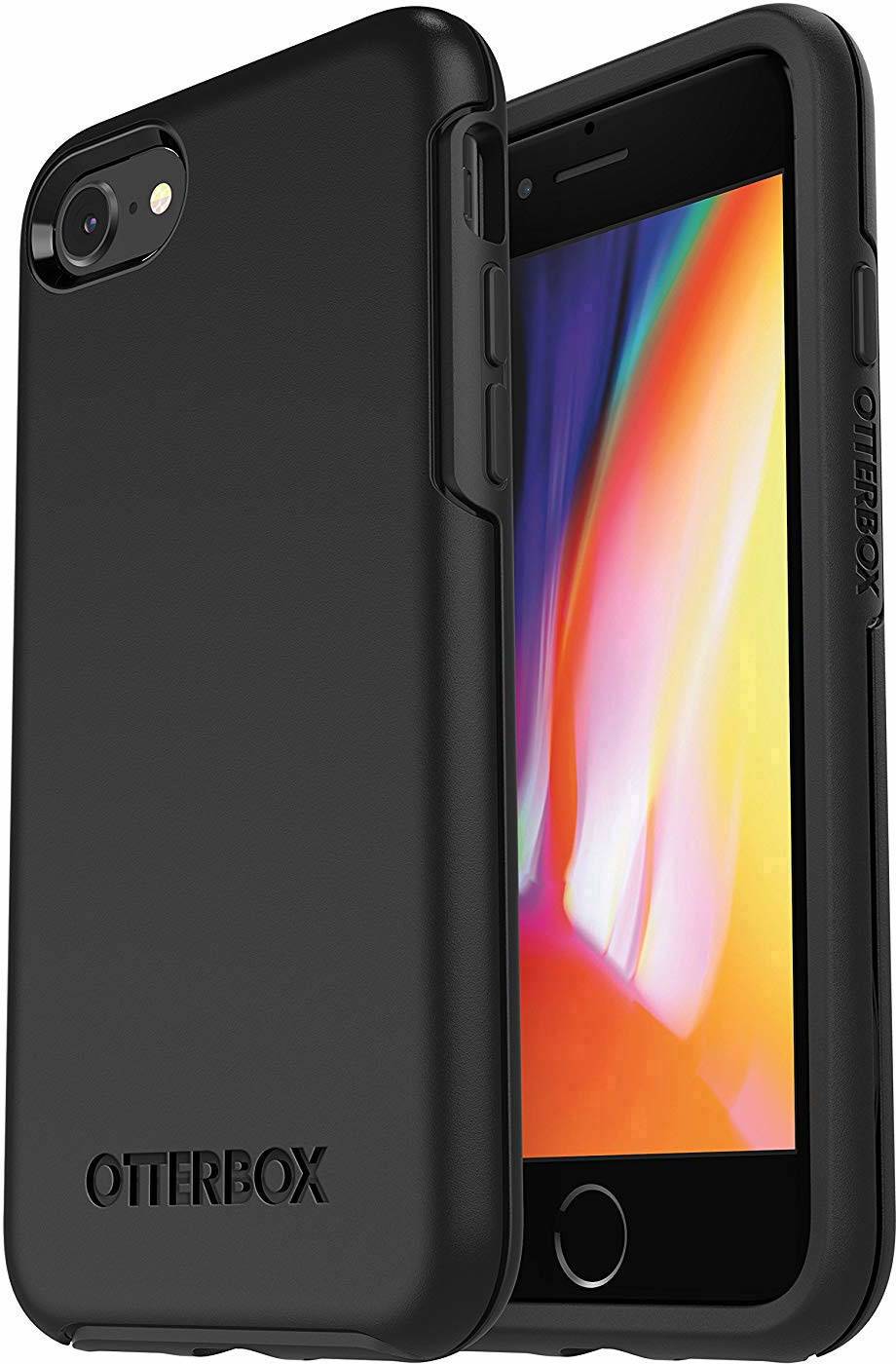 Étui de téléphone noir OtterBox pour smartphone, affichant un écran avec un motif coloré et lumineux.