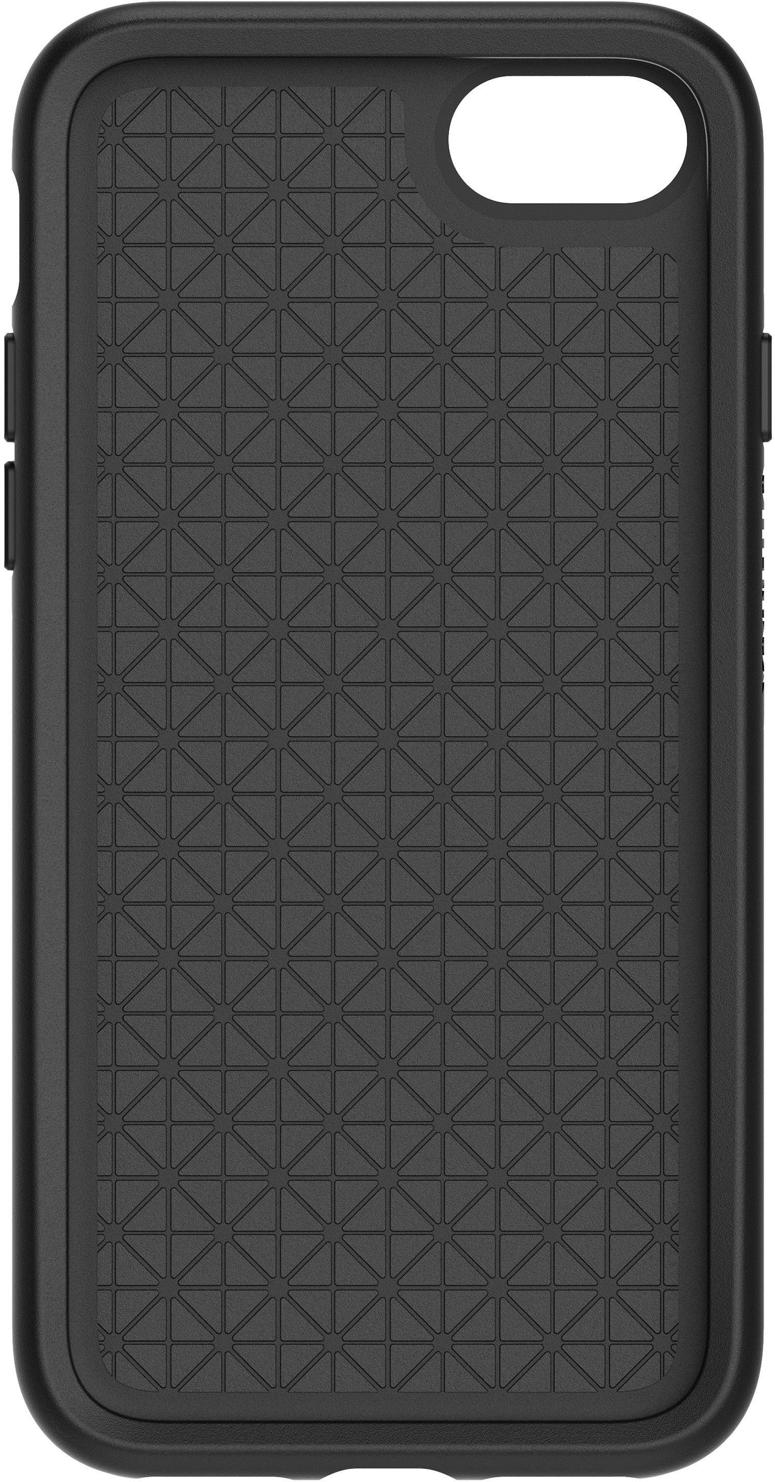 Étui de protection noir pour smartphone, avec un motif géométrique à l'intérieur.