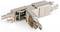 Connecteur RJ45 métallique ouvert, montrant ses composants internes et les connexions de câbles pour les connexions réseau.