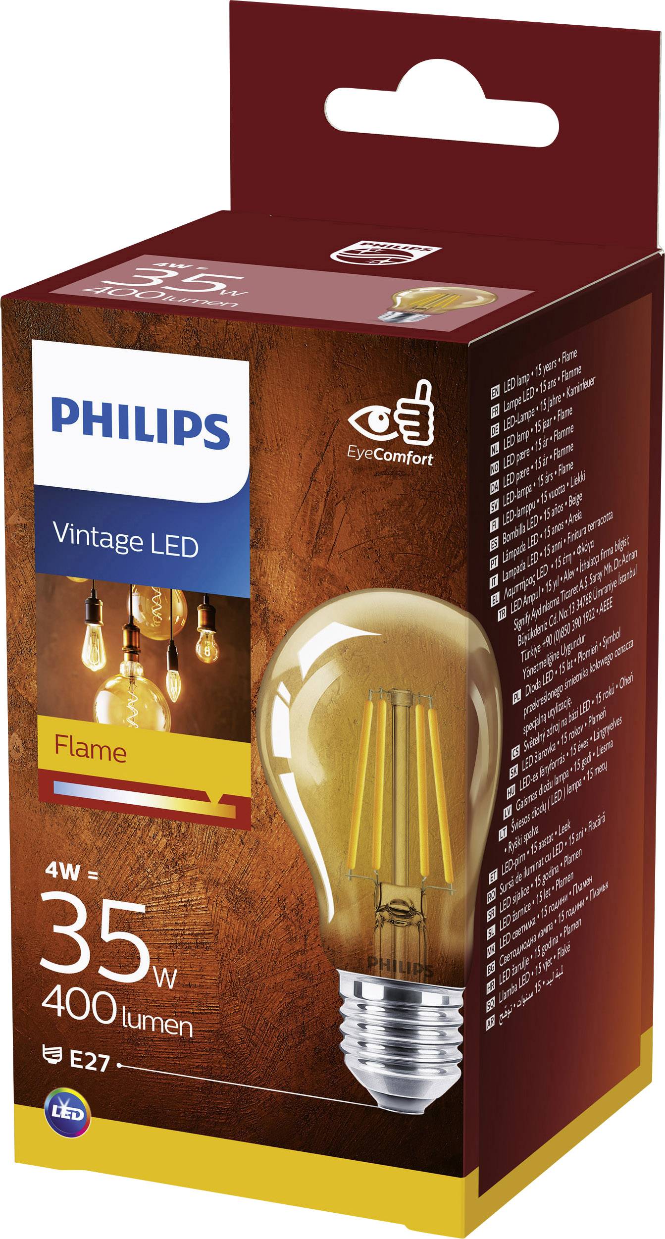 Emballage d'une ampoule LED vintage Philips, 4W, équivalent 35W, 400 lumens, culot E27, effet 'Flamme', logo EyeComfort.