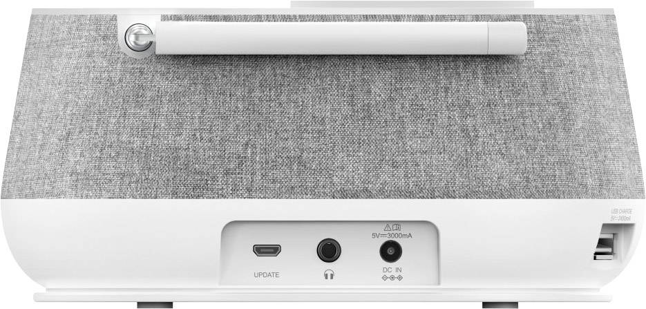 Dispositif électronique blanc avec façade textile grise. Présente des connexions telles que l'entrée DC, le port USB et les commandes à l'arrière.