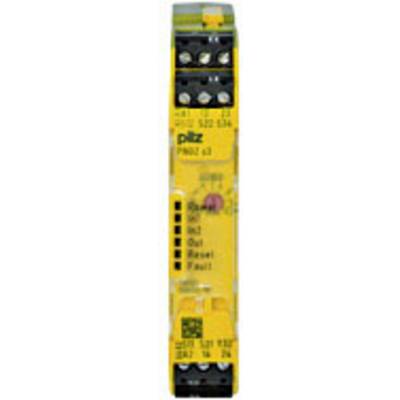 Relais de sécurité jaune avec plusieurs bornes de connexion et voyants LED. Le numéro de modèle 'PNOZ X3' est visible.