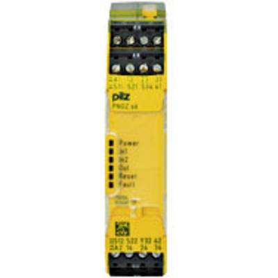 Dispositif de sécurité jaune de la marque Pilz, compact et allongé, avec plusieurs bornes de connexion et voyants d'état pour 'Alimentation', 'Réglage', 'Réinitialisation', 'Défaut'.