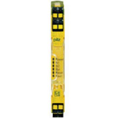 Relais de sécurité jaune avec plusieurs voyants LED et éléments de commande ; la marque 'pilz' est visible. Utilisé dans les systèmes de commande de sécurité.