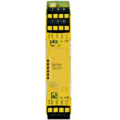 Relais de sécurité 'Pilz' de couleur jaune vif avec texte noir, plusieurs connexions et indicateurs LED pour la commande de machines.