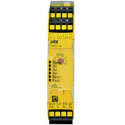 Relais de sécurité PNOZ X2 de Pilz en jaune avec des touches noires et jaunes, utilisé dans l'automatisation et la sécurité des machines.
