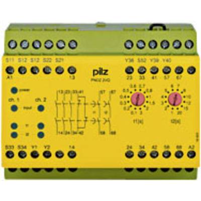 Un relais de sécurité jaune avec un dessus vert, de nombreuses connexions et portant l'inscription 'PNOZ'. Il sert à la commande de machine.