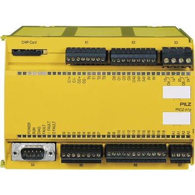 Module de relais de sécurité avec boîtier jaune et plusieurs bornes de connexion, utilisé pour contrôler les fonctions de sécurité dans les machines.
