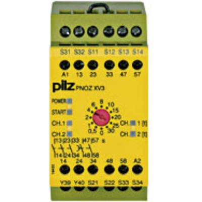 Un dispositif de relais de sécurité jaune avec des connexions en haut et en bas et un bouton rotatif central pour les réglages. Le nom de marque 'pilz' est visible.