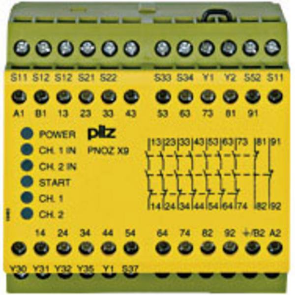 Bloc logique de sécurité PNOZ X9 24VAC 24VDC 7n/o 2 n/c 2so PILZ Tension de fonctionnement: 24 V/DC 7 NO (T), 2 NF (R) (l x H x P) 90 x 87 x 121 mm 1 pc(s)