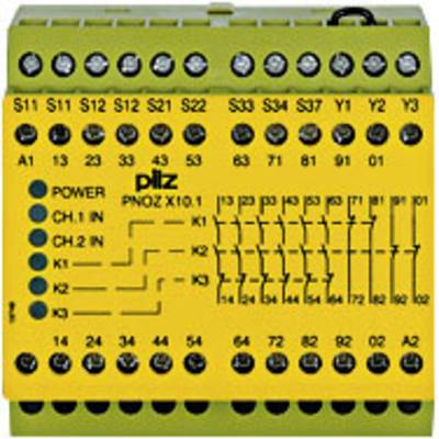 Module de relais de sécurité multibornes. Boîtier jaune et noir avec étiquetages pour l'entrée, la sortie et les indicateurs de statut.