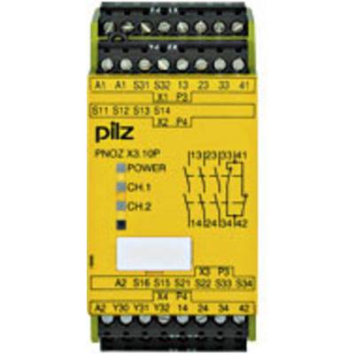 Relais de sécurité jaune avec plusieurs bornes de connexion pour applications industrielles, nom de marque 'pilz' visible.