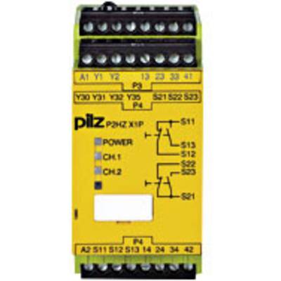 Un relais de sécurité jaune de Pilz, modèle P2HZ X1P, avec différentes bornes de connexion et des voyants LED pour l'alimentation, CH1 et CH2.