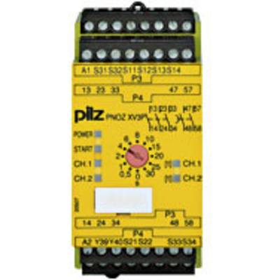 Un relais de sécurité jaune avec des connexions noires en haut et en bas, un bouton rotatif au centre, portant le nom de marque 'Pilz'.