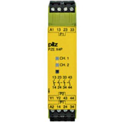 Relais de sécurité jaune portant l'inscription 'PZE X4P'. Des connexions sont visibles en haut, et d'autres numéros de connexion sont indiqués en bas.